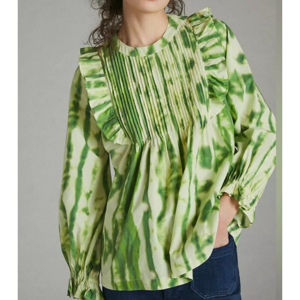 Anthropologie Samant Chauhan Emillia Ruffle Tie-Dye Blouse Size XS Green Boho